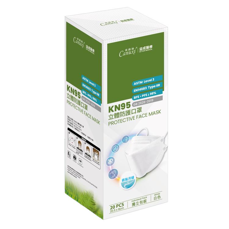 Canuxi KN95 Level 3 高透氣立體防護成人白色口罩 (20片獨立包裝) 