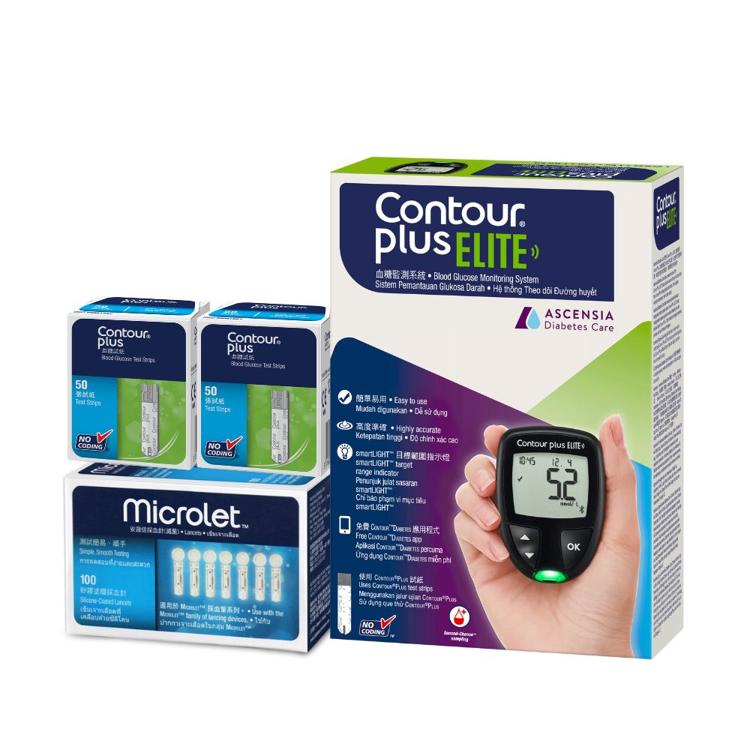 Contour Plus Elite 血糖機套裝 
(套裝包括：血糖機一部、採血筆一支、Microlet採血針100粒、血糖試紙 (50張) x 2盒)