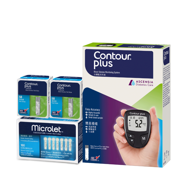 Contour Plus 血糖機套裝
(套裝(附送贈品)包括： CONTOUR®PLUS 血糖機 (包含Microlet Next - 採血器)、CONTOUR®PLUS 血糖測試紙 50's、MICROLET®採血針 100's、 精選禮品乙份)